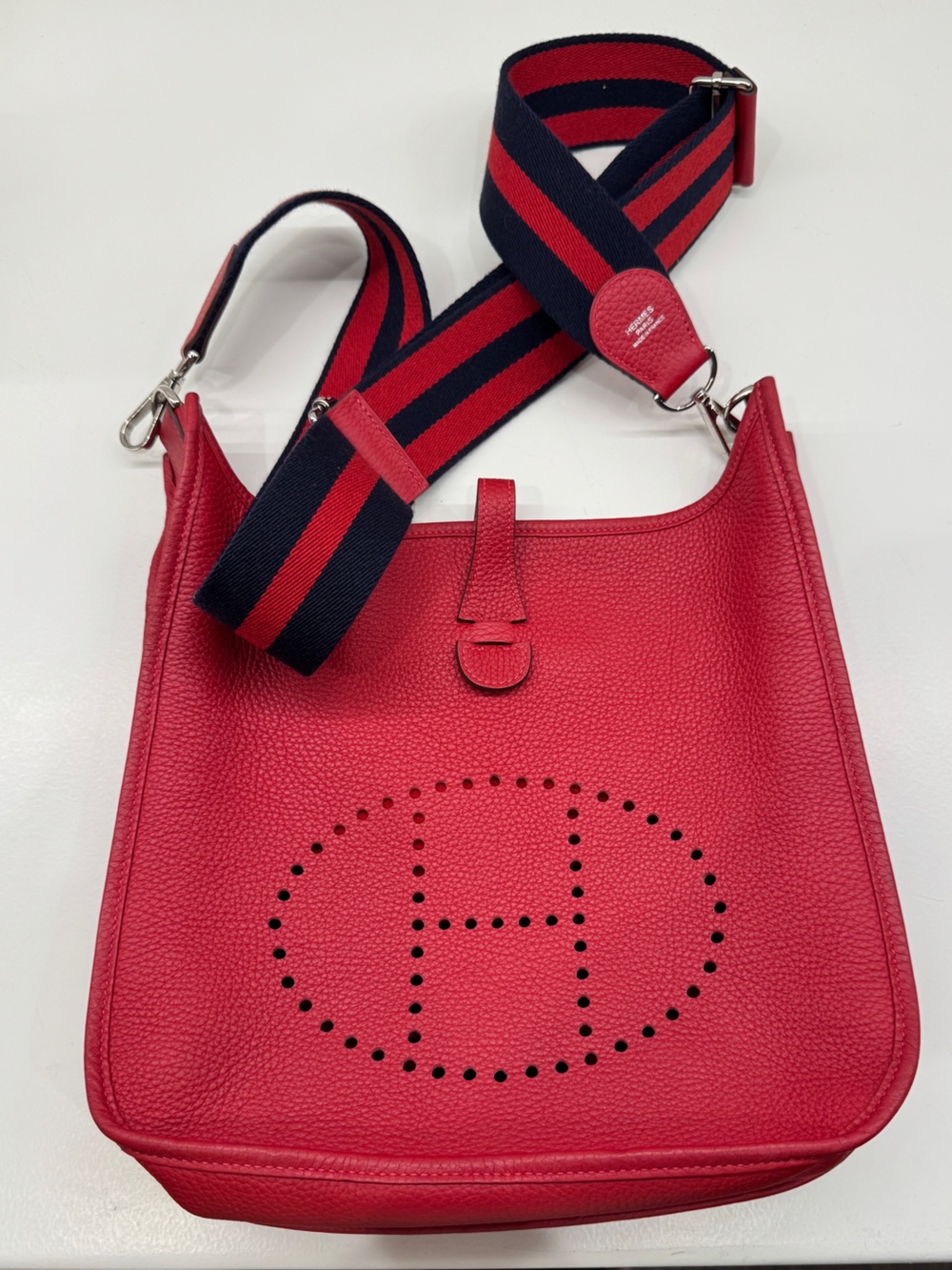 Rare Hermes Red Leather Shoulder Bag with Navy-Red Strap, Evelyne 29